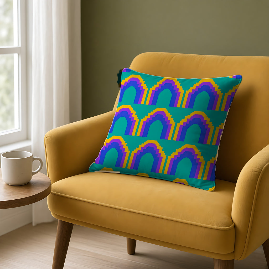 Grand Stepped Arches Faux Suede Cushion on a mustard armchair by a window