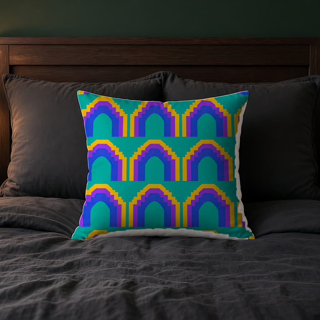 Grand Stepped Arches Faux Suede Cushion on a bed with charcoal bedding