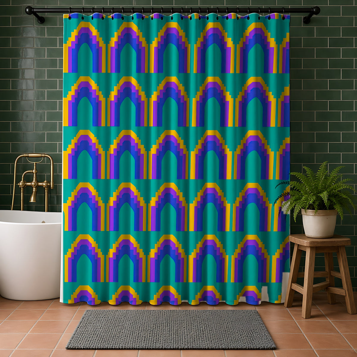 Grand Stepped Arches Shower Curtain in a bathroom with dark green tiles