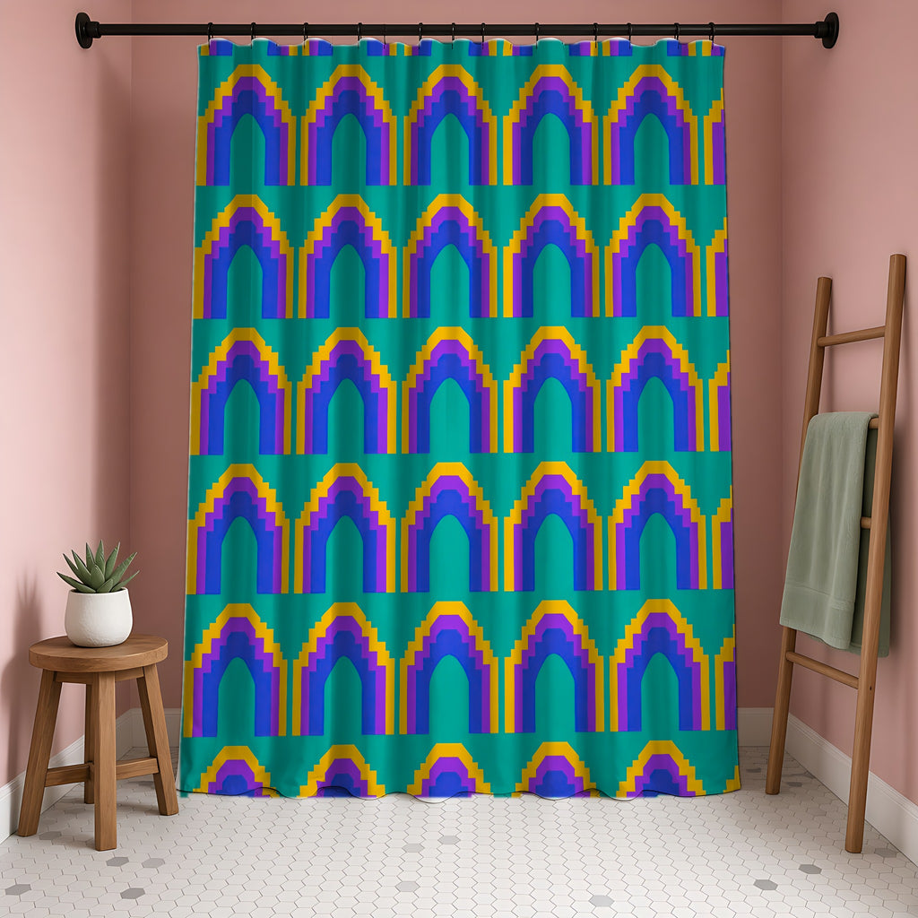 Grand Stepped Arches Shower Curtain in a blush-pink bathroom