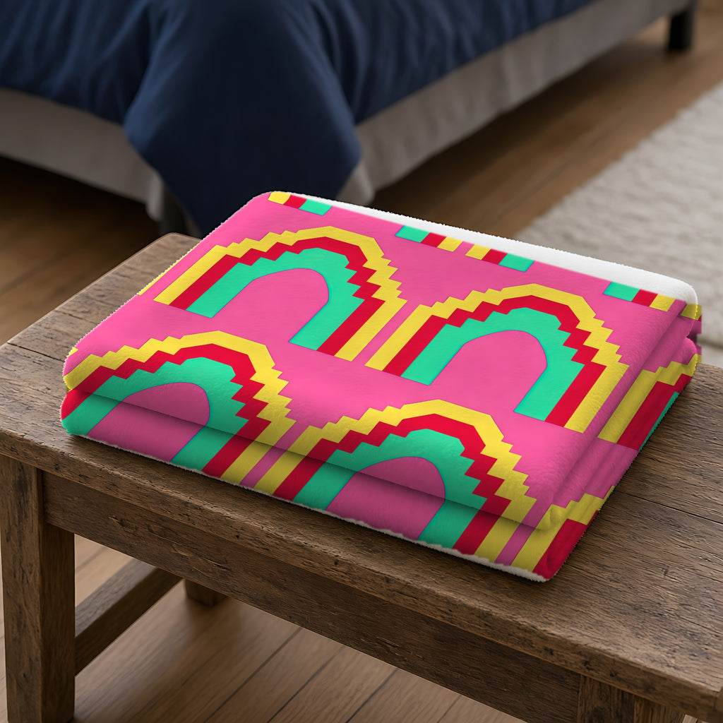 Grand Stepped Arches Sherpa Fleece Blanket folded on a wooden bench