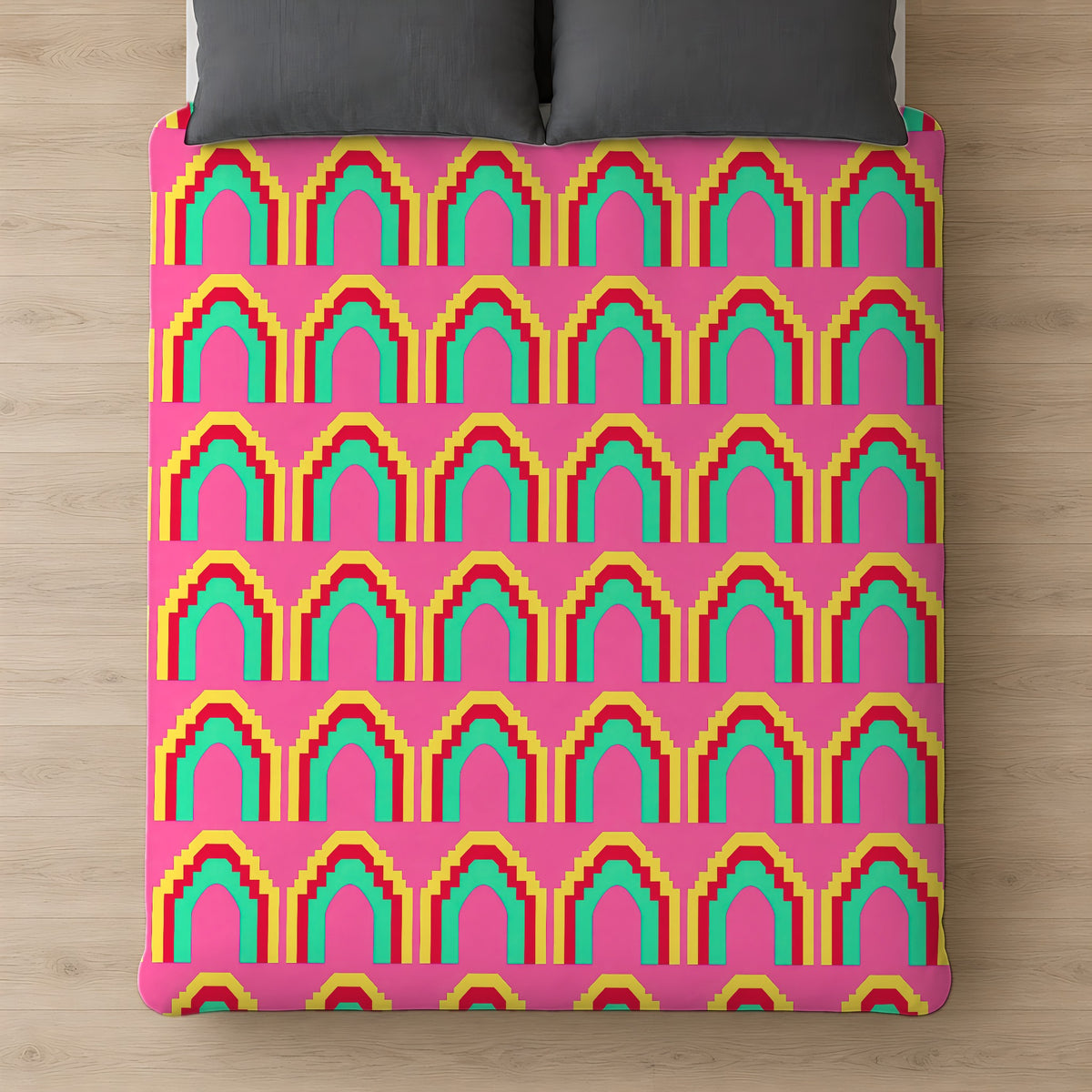 Grand Stepped Arches Comforter on a bed, seen from above