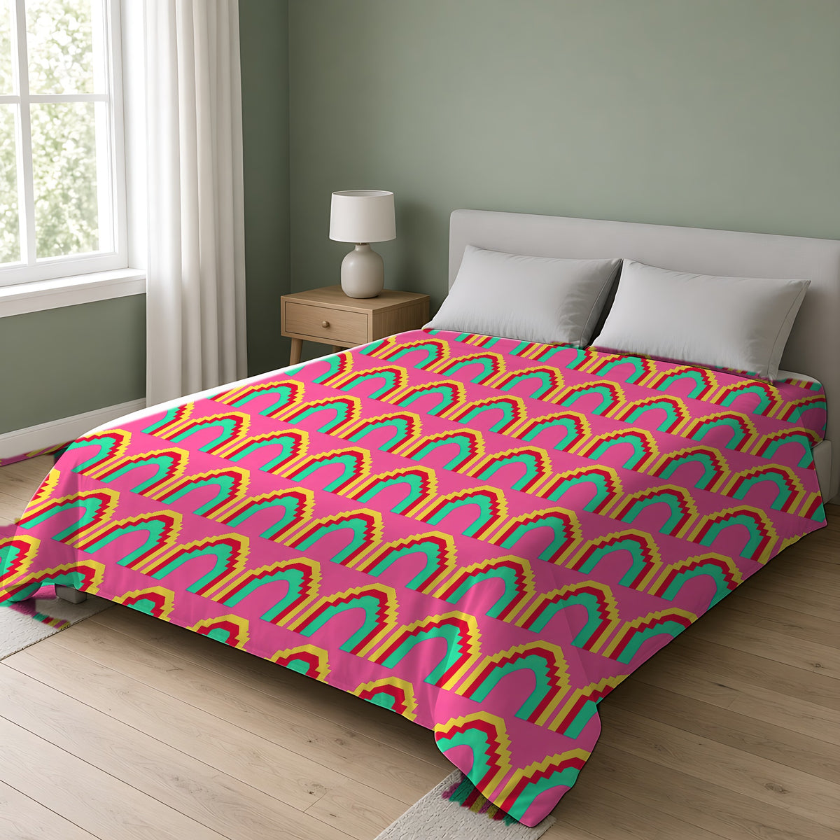 Grand Stepped Arches Cotton Duvet Cover on a double bed in a bright sage-green bedroom