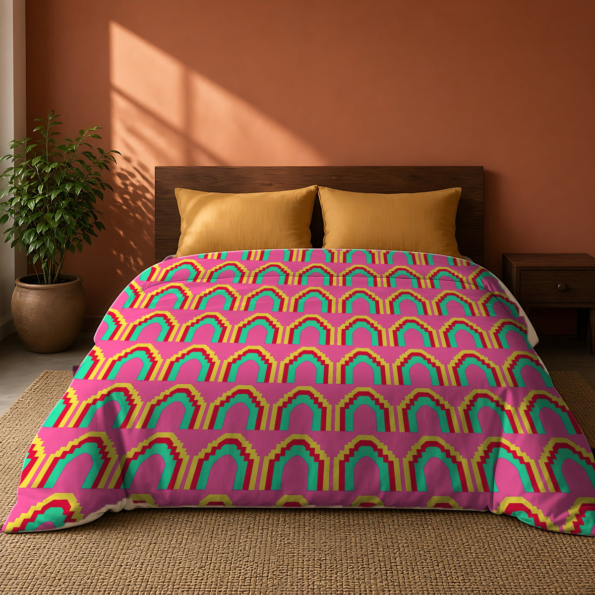 Grand Stepped Arches Cotton Duvet Cover on a king bed against a warm terracotta wall