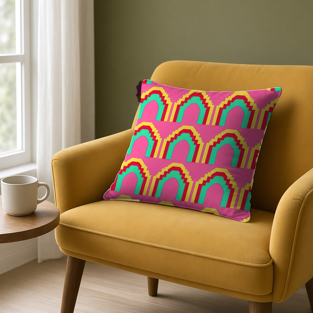 Grand Stepped Arches Faux Suede Cushion on a mustard armchair by a window