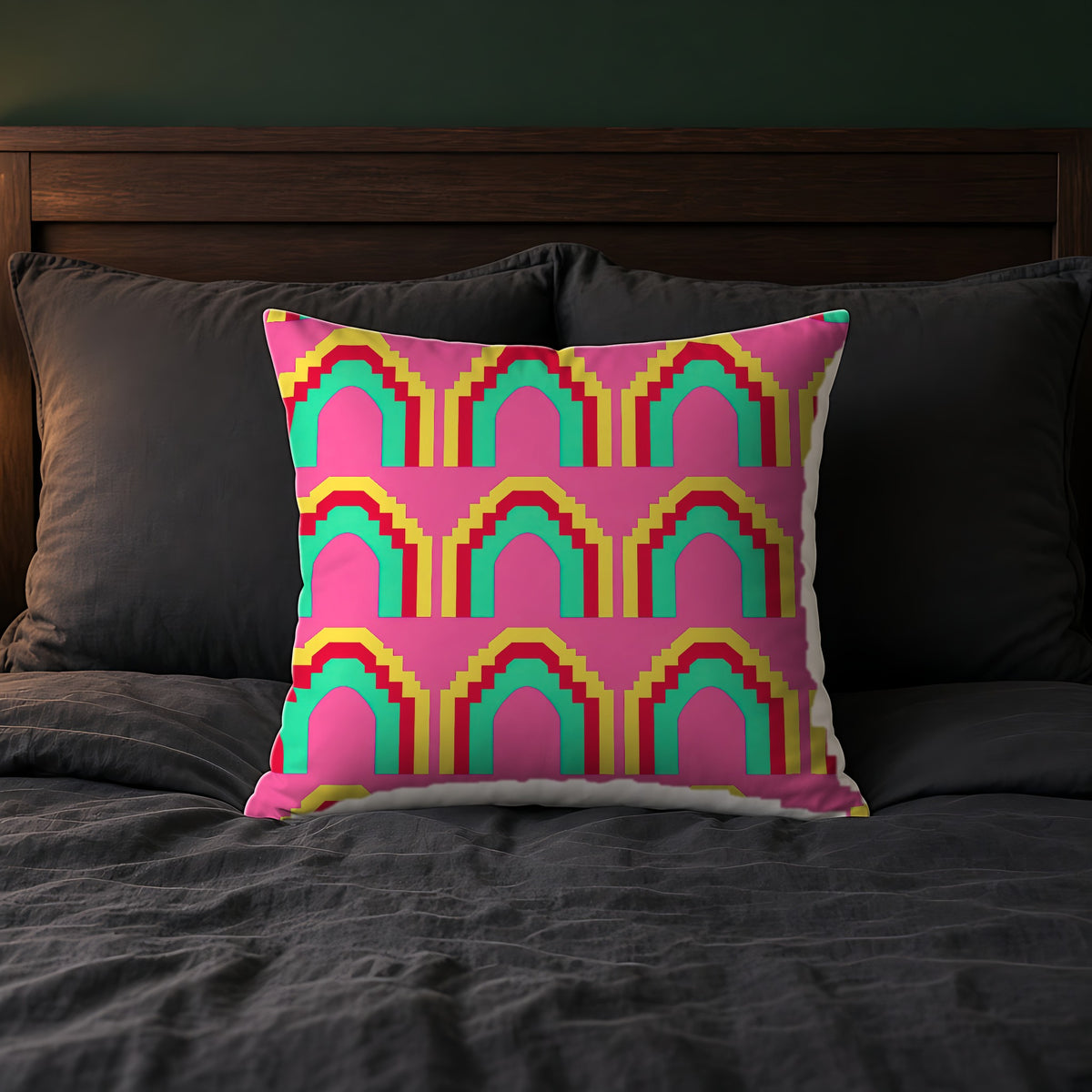 Grand Stepped Arches Faux Suede Cushion on a bed with charcoal bedding