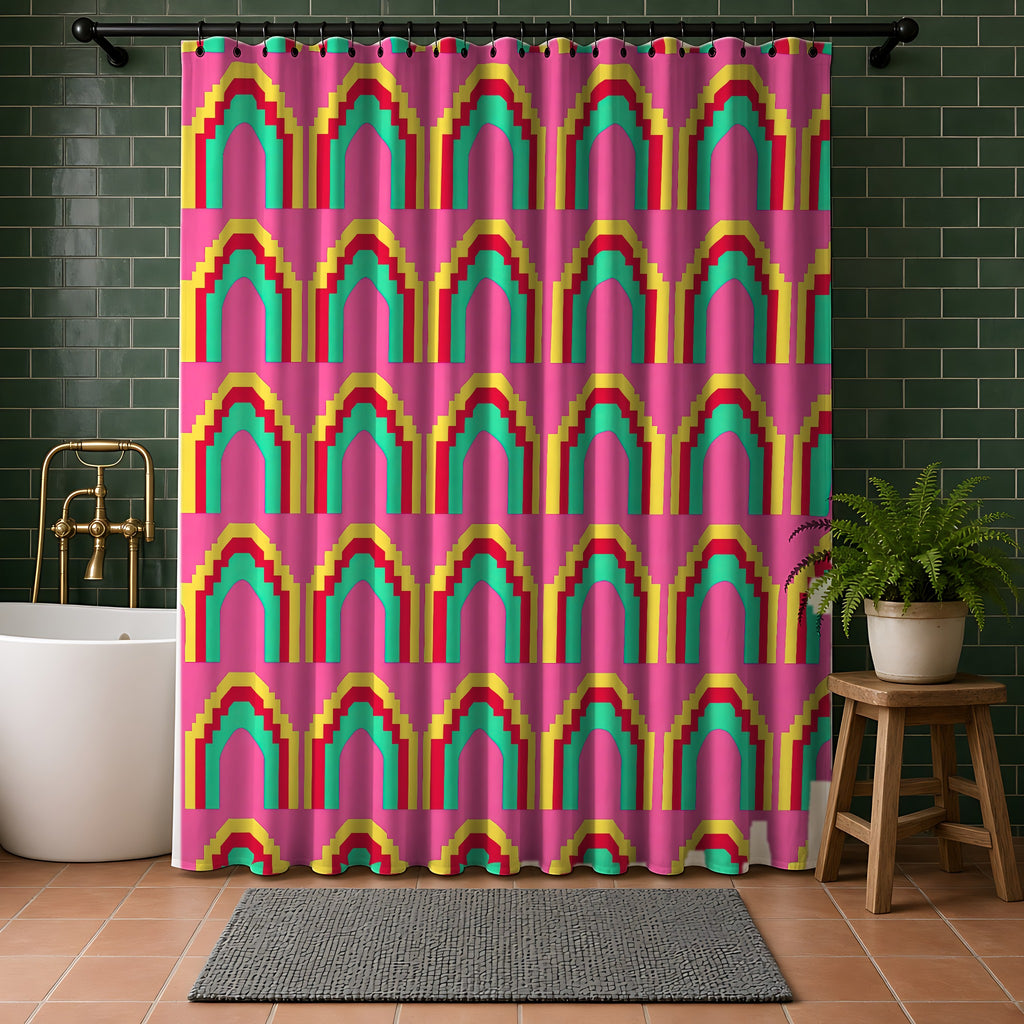 Grand Stepped Arches Shower Curtain in a bathroom with dark green tiles