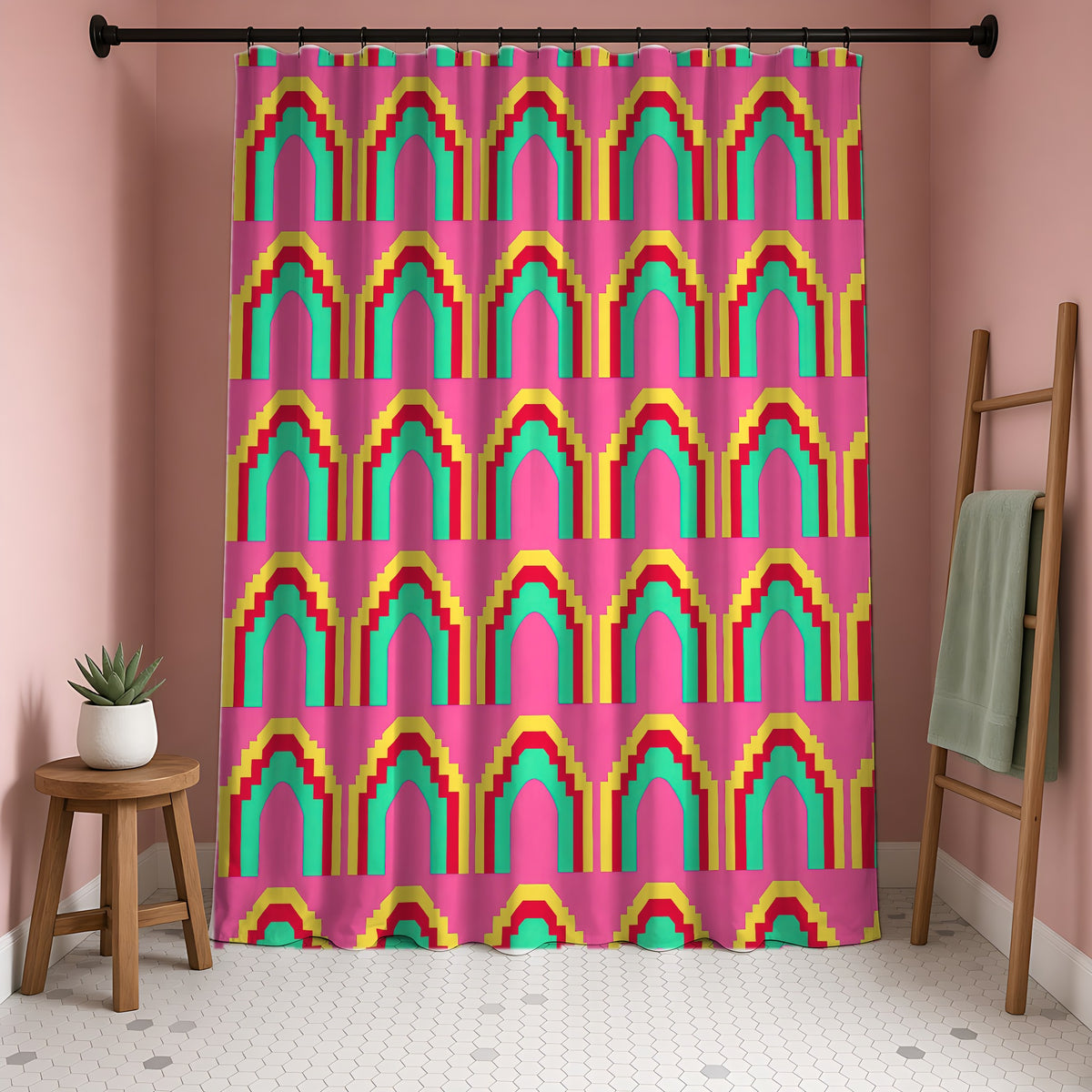 Grand Stepped Arches Shower Curtain in a blush-pink bathroom