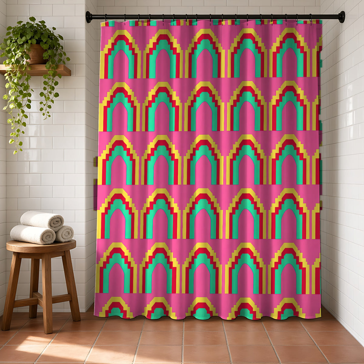 Grand Stepped Arches Shower Curtain in a bright bathroom with white tiles and a terracotta floor