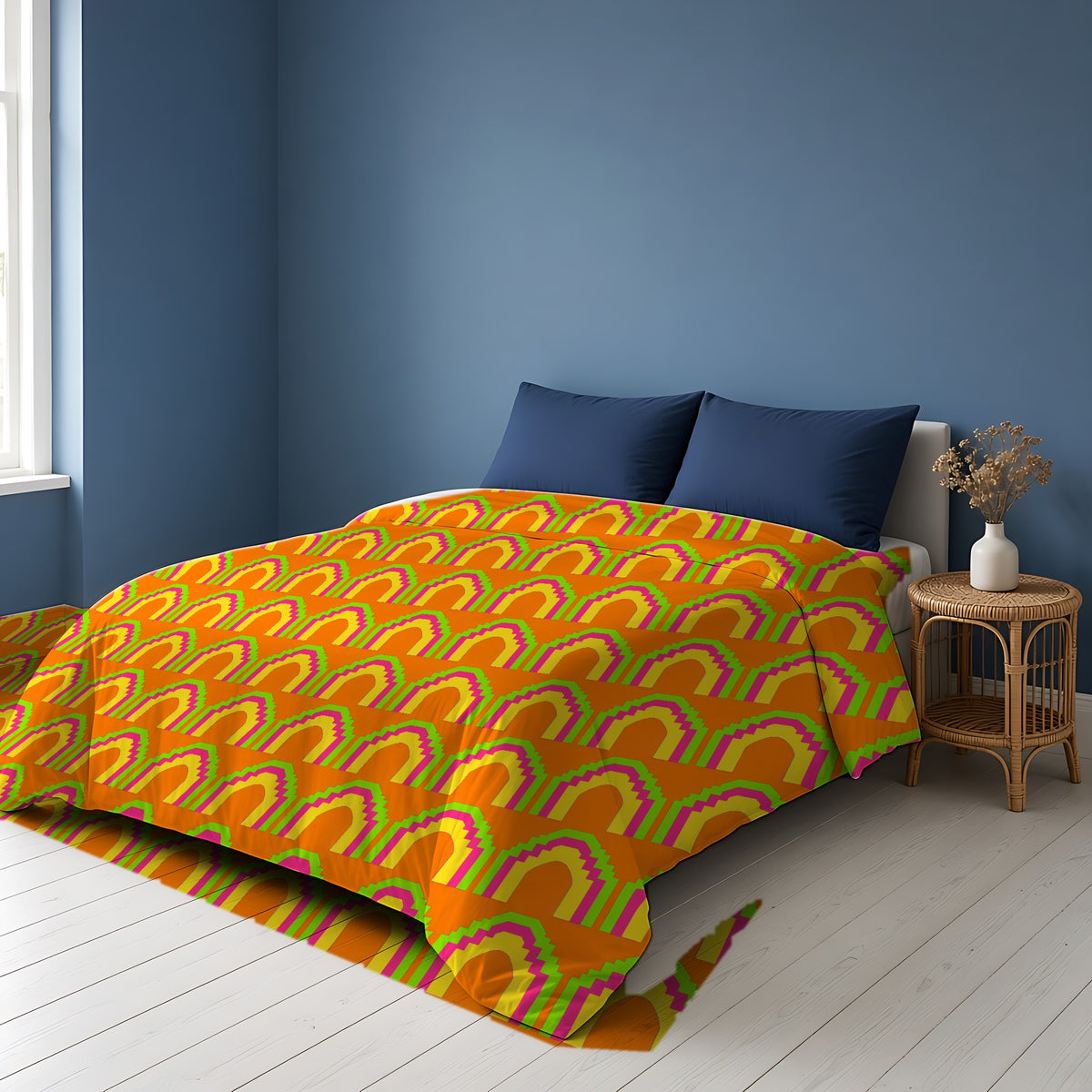 Grand Stepped Arches Comforter on a bed in a Scandinavian blue bedroom