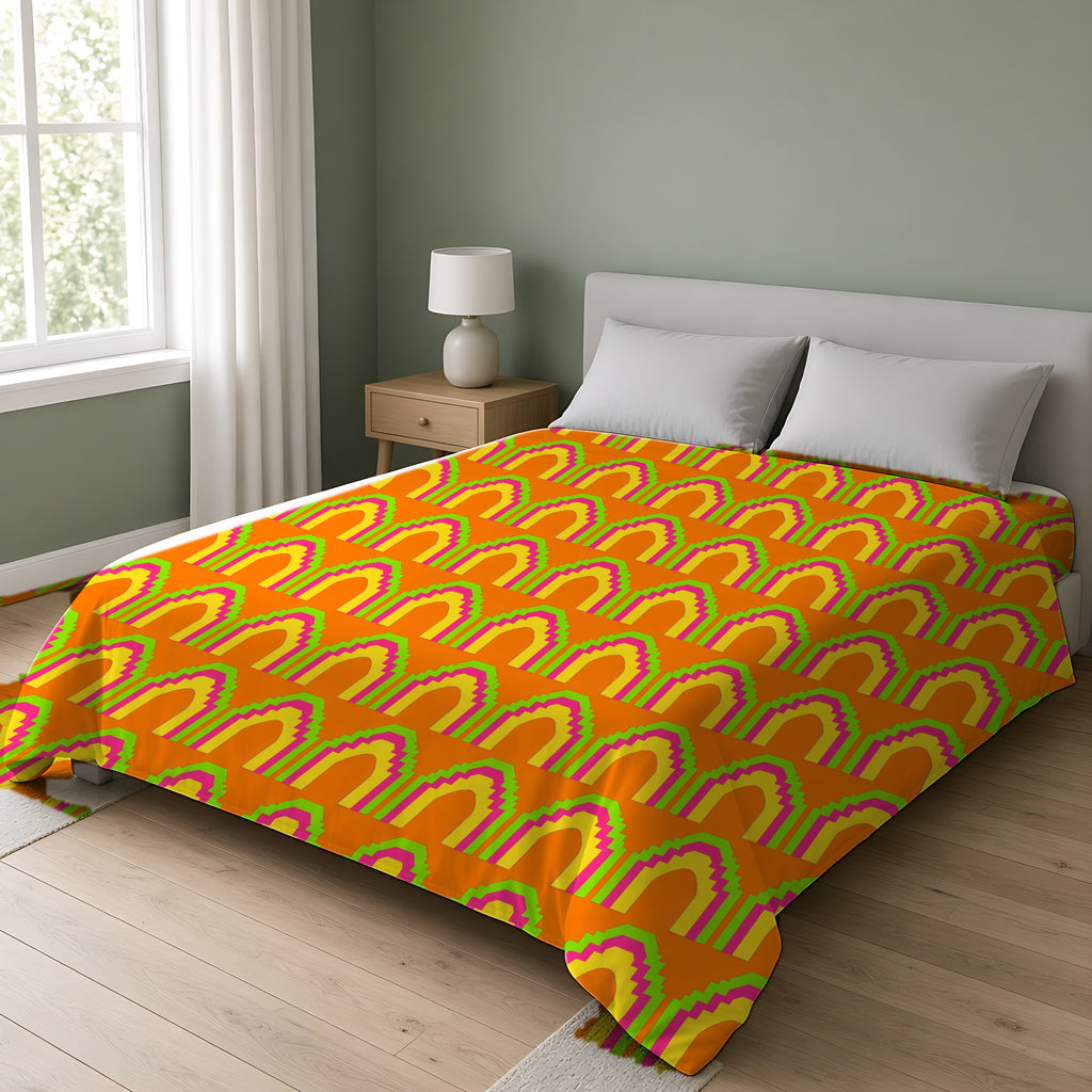 Grand Stepped Arches Comforter on a double bed in a bright sage-green bedroom