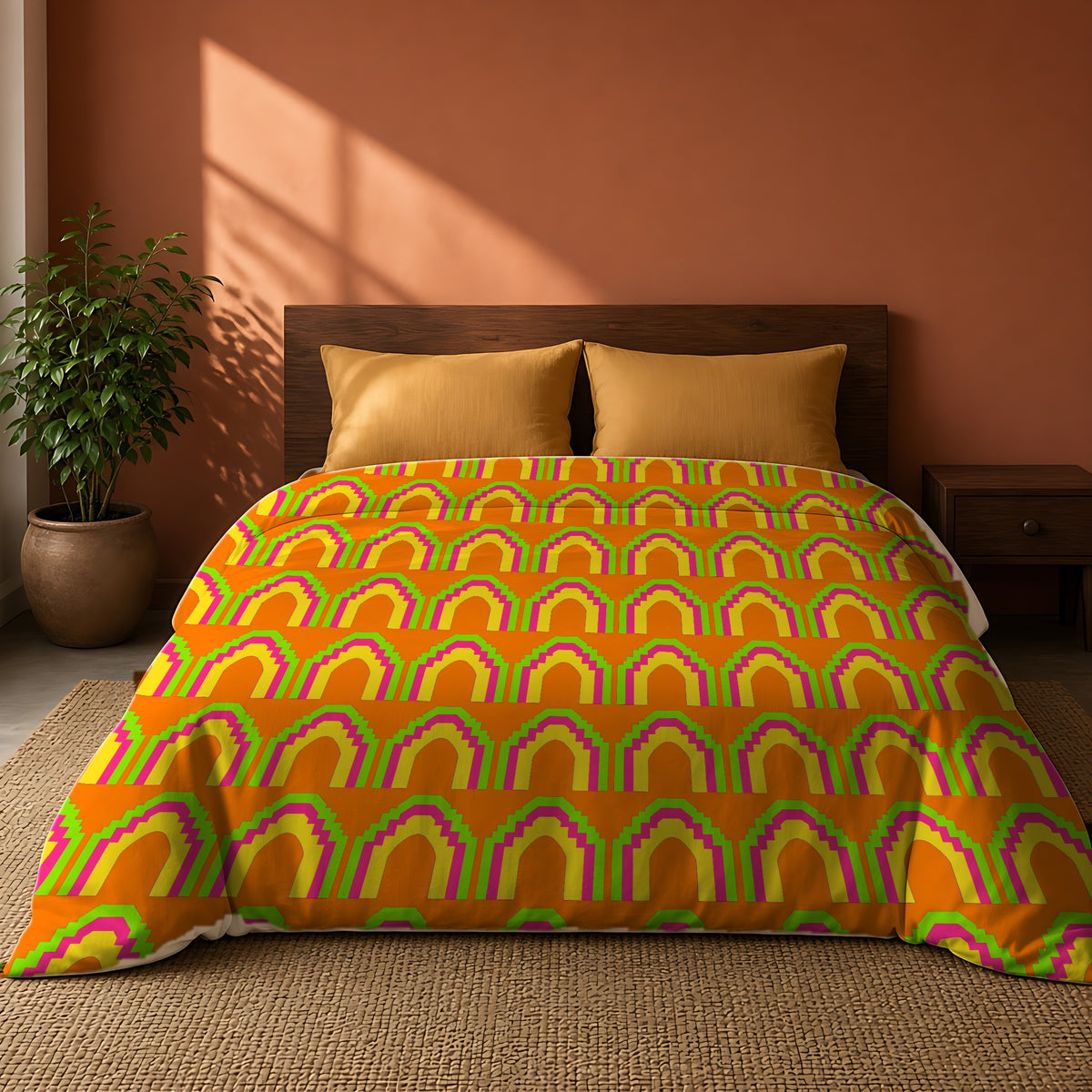 Grand Stepped Arches Cotton Duvet Cover on a king bed against a warm terracotta wall