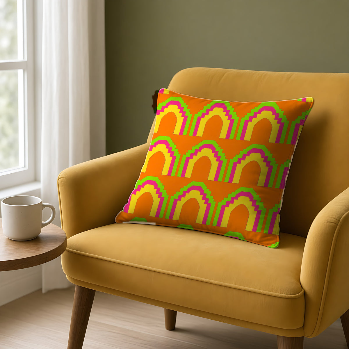 Grand Stepped Arches Faux Suede Cushion on a mustard armchair by a window