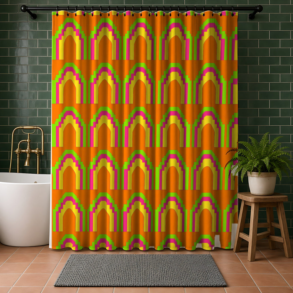 Grand Stepped Arches Shower Curtain in a bathroom with dark green tiles
