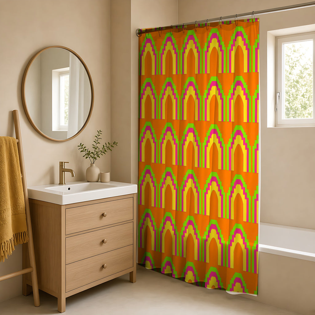 Grand Stepped Arches Shower Curtain in a warm neutral bathroom with an oak vanity