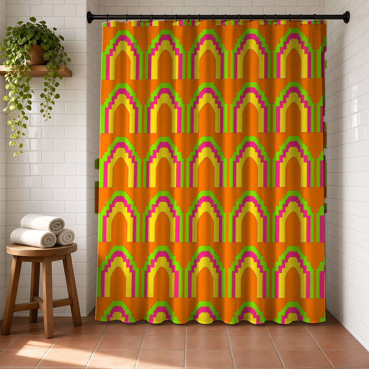 Grand Stepped Arches Shower Curtain in a bright bathroom with white tiles and a terracotta floor
