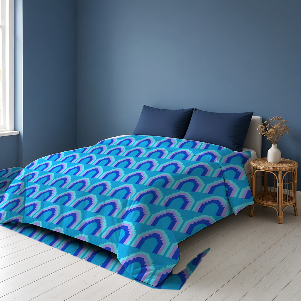Grand Stepped Arches Comforter on a bed in a Scandinavian blue bedroom