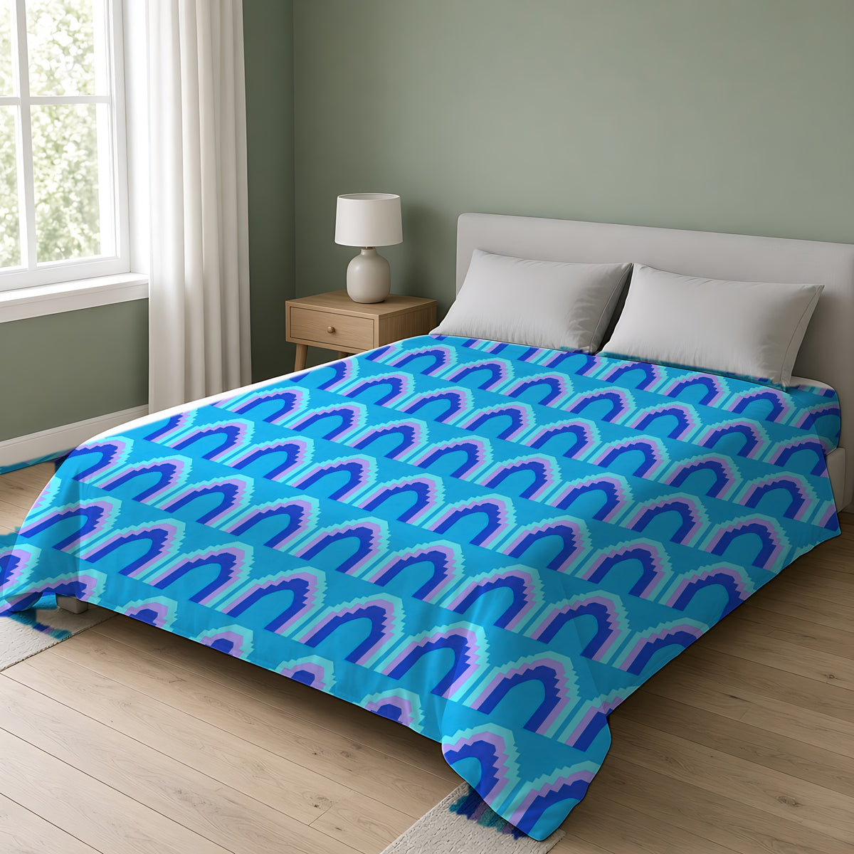 Grand Stepped Arches Comforter on a double bed in a bright sage-green bedroom