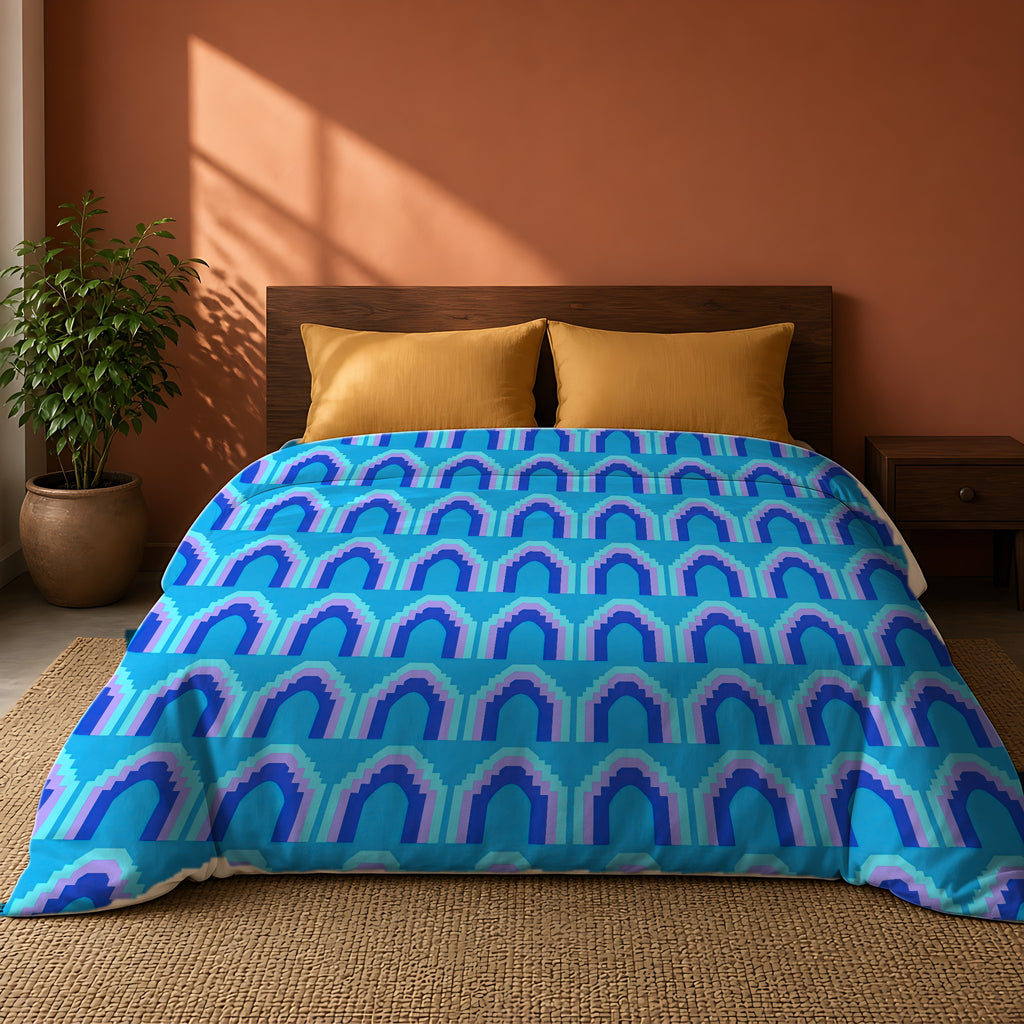 Grand Stepped Arches Cotton Duvet Cover on a king bed against a warm terracotta wall