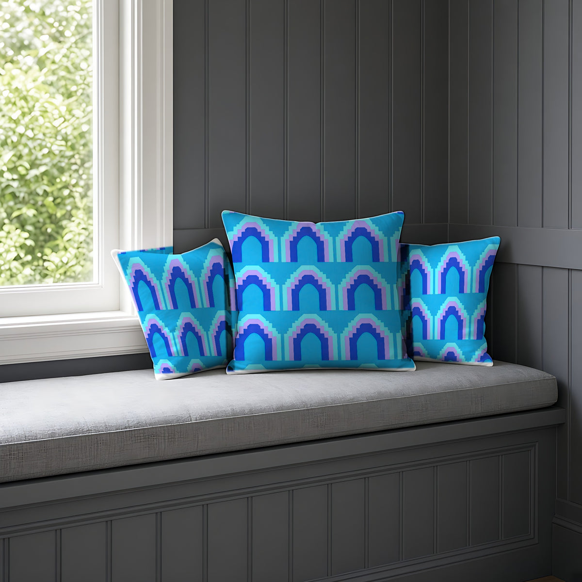 Grand Stepped Arches Faux Suede Cushion on a window seat