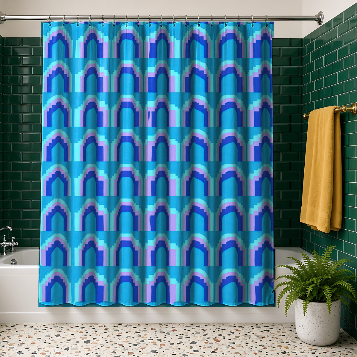Grand Stepped Arches Shower Curtain in the Ice Jewel palette, hanging in a bathroom with emerald tiles