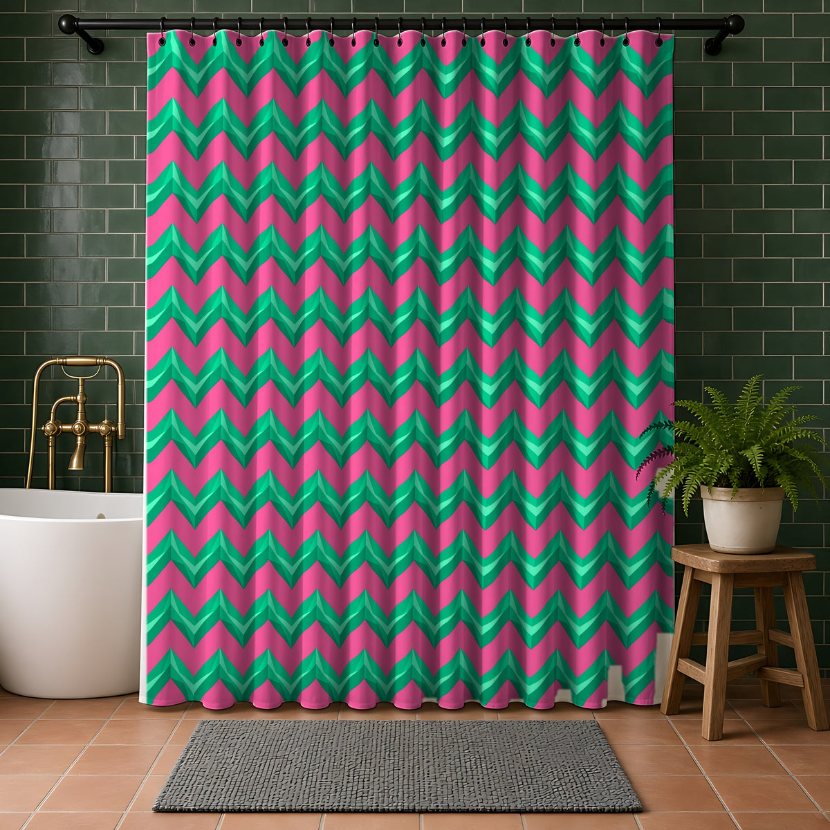 Broad Cut-Gem Chevrons Shower Curtain in a bathroom with dark green tiles