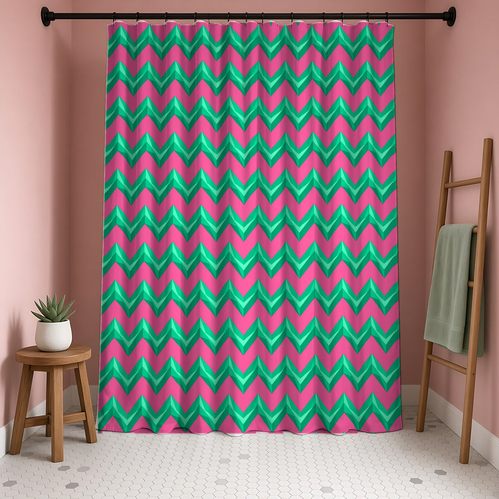 Broad Cut-Gem Chevrons Shower Curtain in a blush-pink bathroom