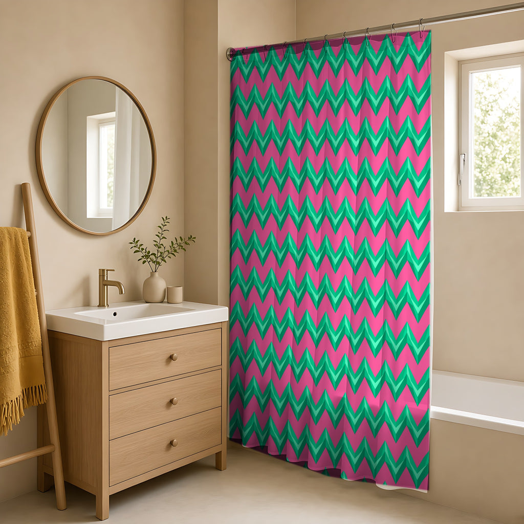 Broad Cut-Gem Chevrons Shower Curtain in a warm neutral bathroom with an oak vanity