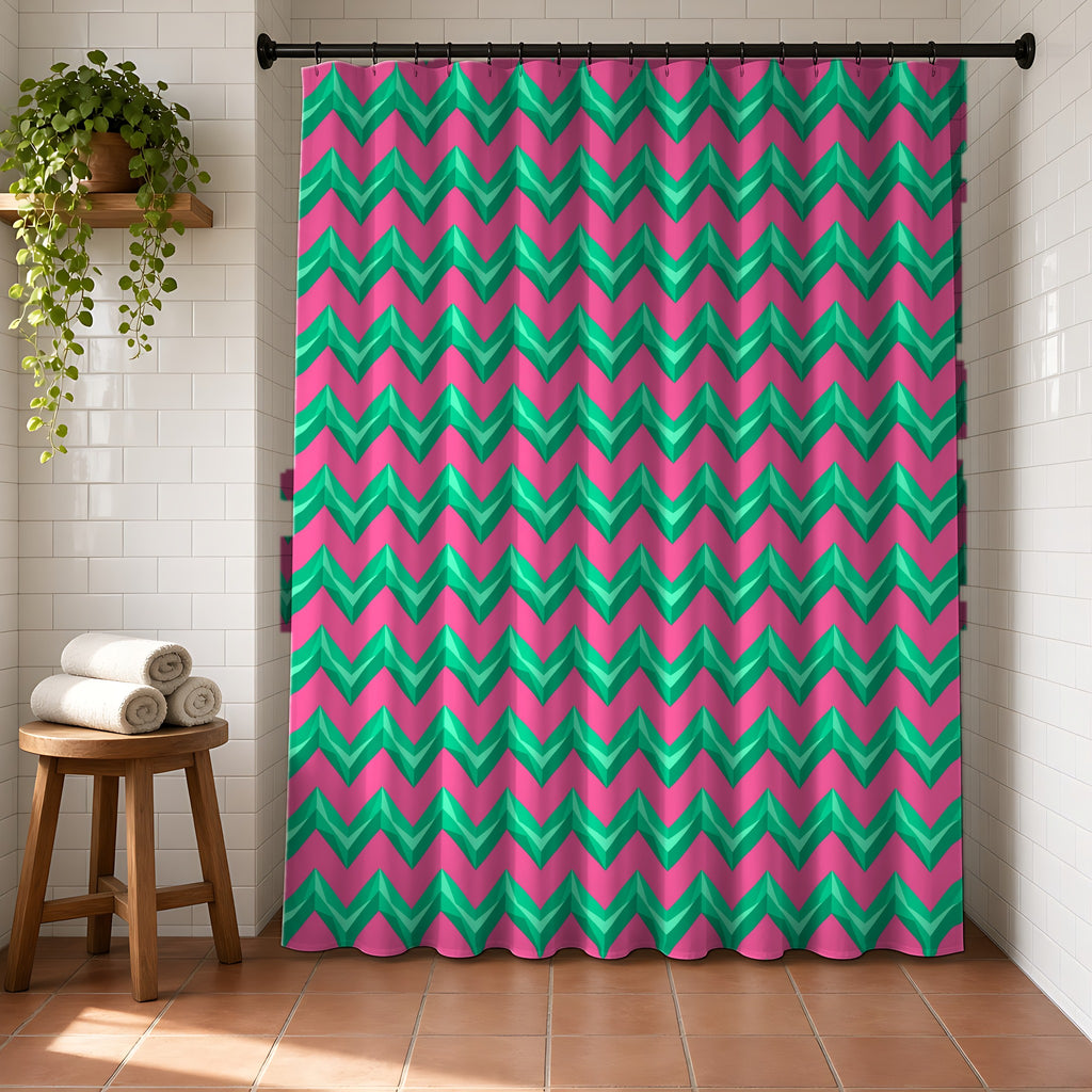 Broad Cut-Gem Chevrons Shower Curtain in a bright bathroom with white tiles and a terracotta floor