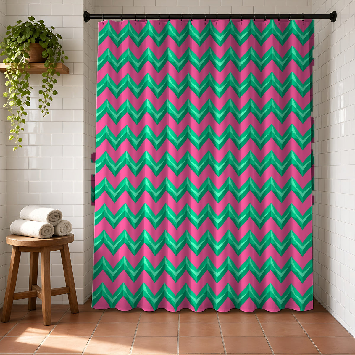 Broad Cut-Gem Chevrons Shower Curtain in a bright bathroom with white tiles and a terracotta floor