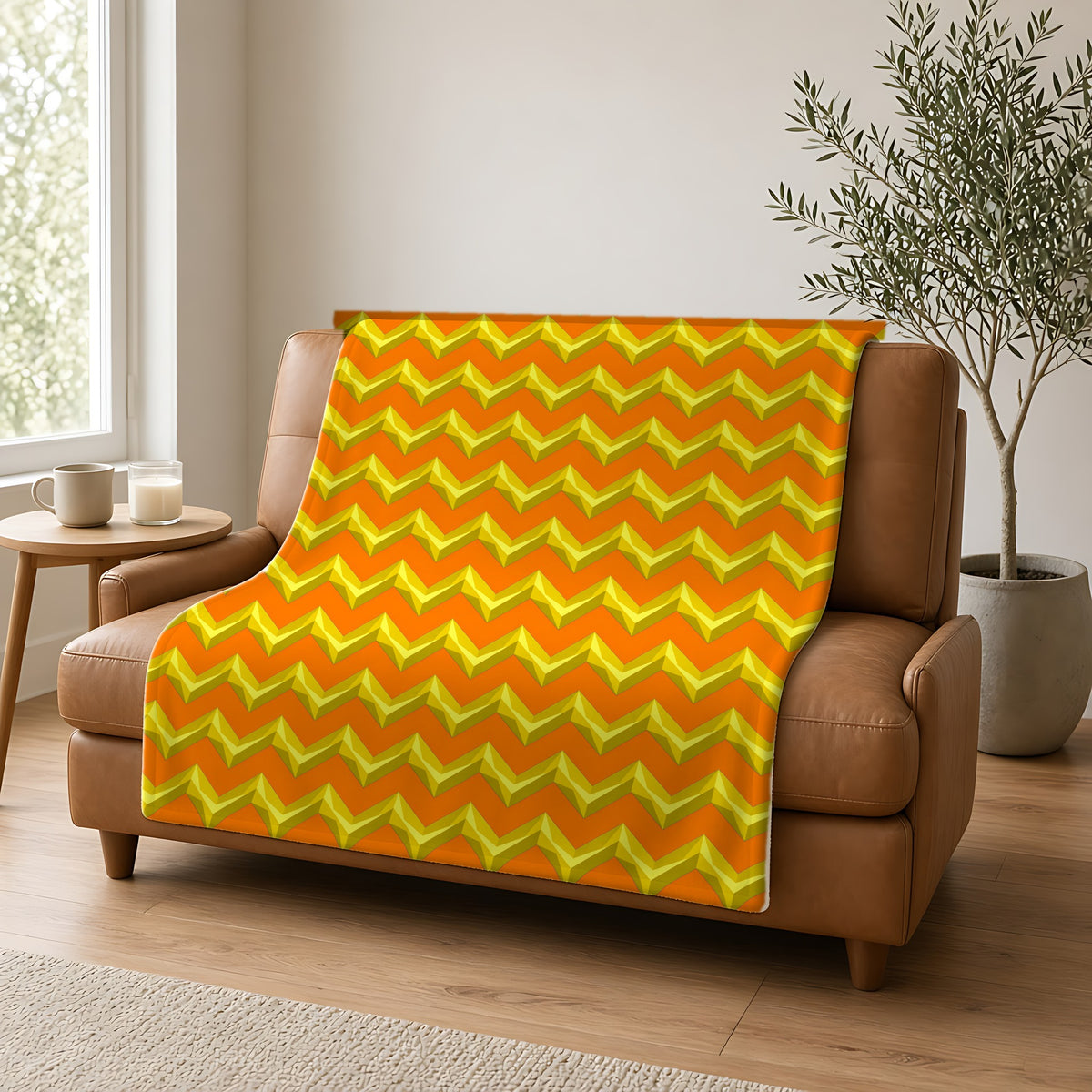 Broad Cut-Gem Chevrons Sherpa Fleece Blanket draped over a caramel leather sofa