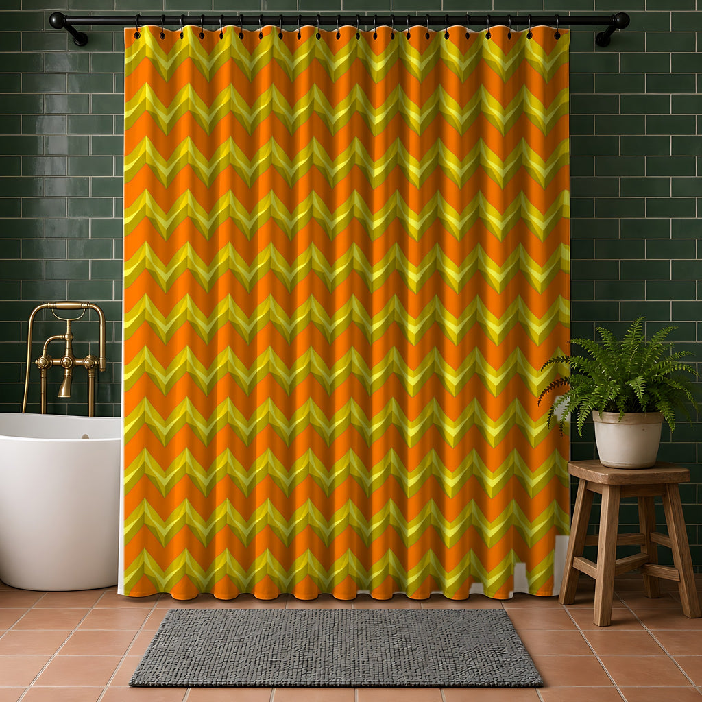 Broad Cut-Gem Chevrons Shower Curtain in a bathroom with dark green tiles
