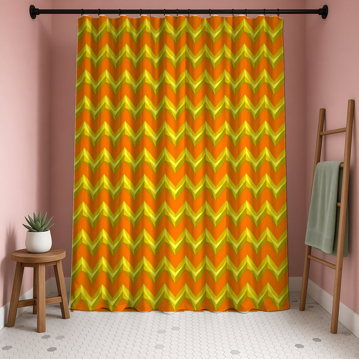 Broad Cut-Gem Chevrons Shower Curtain in a blush-pink bathroom