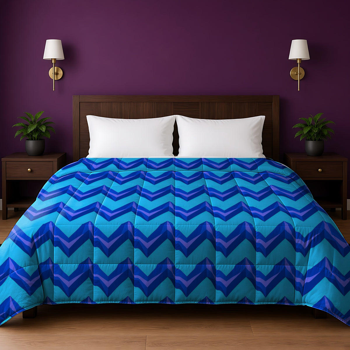 Broad Cut-Gem Chevrons Comforter in the Ice Jewel palette, on a bed with a walnut headboard against a plum wall