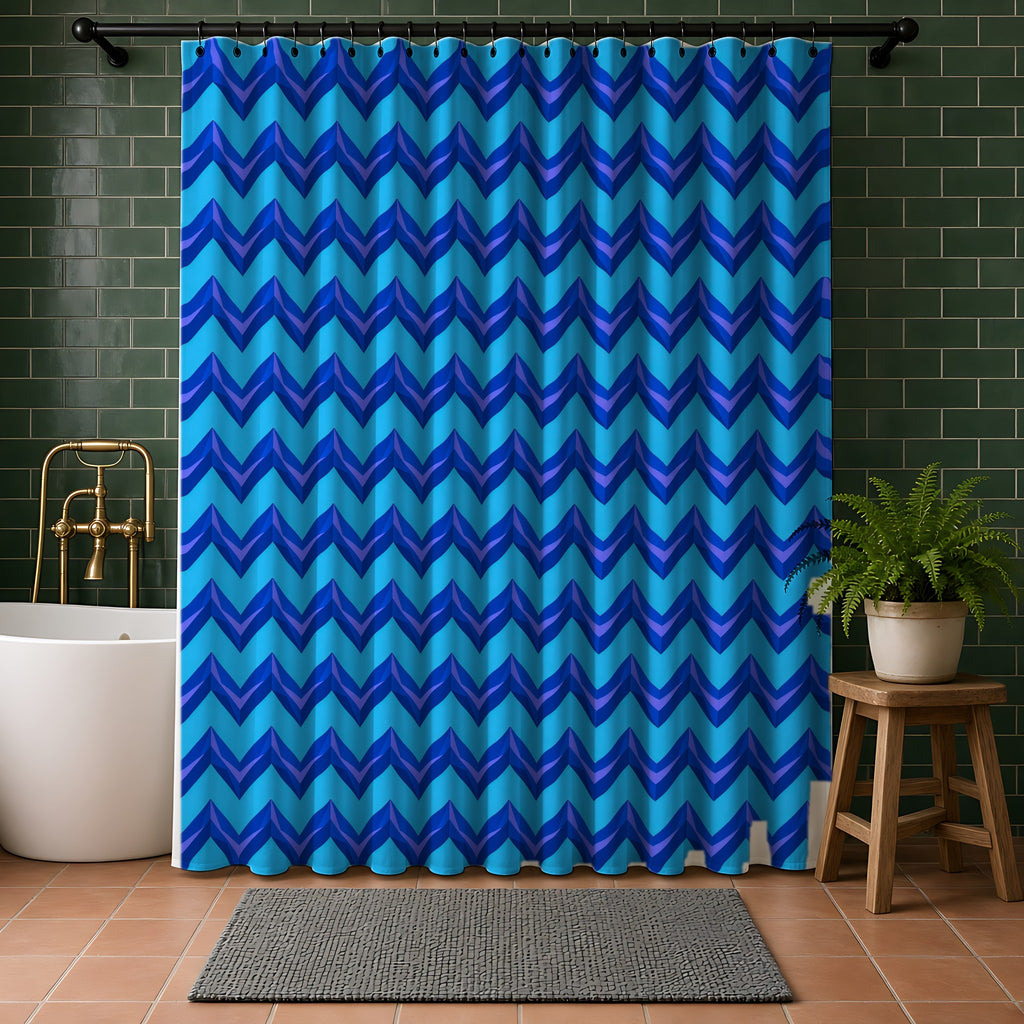 Broad Cut-Gem Chevrons Shower Curtain in a bathroom with dark green tiles