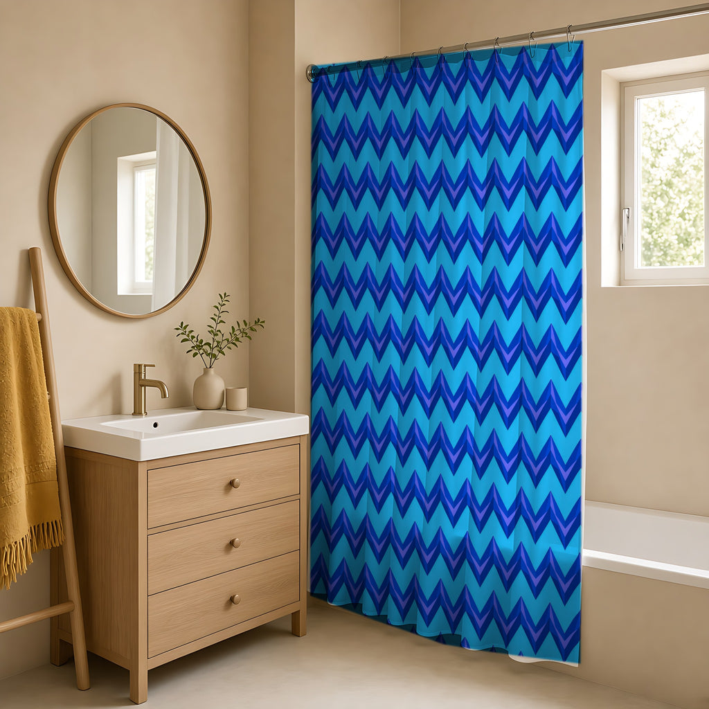 Broad Cut-Gem Chevrons Shower Curtain in a warm neutral bathroom with an oak vanity