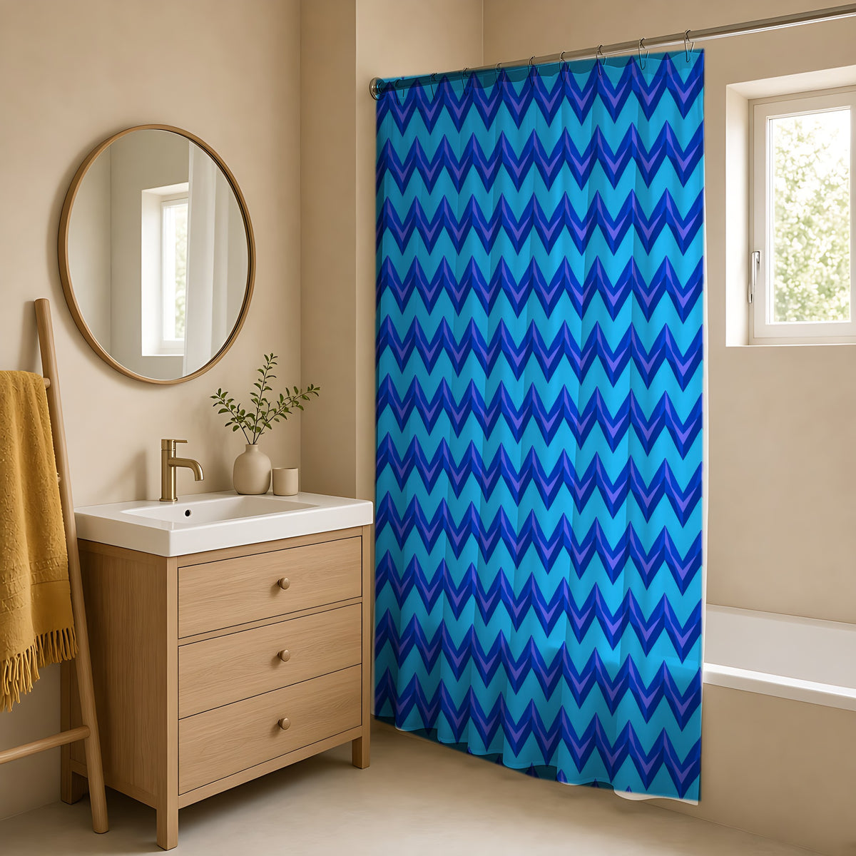 Broad Cut-Gem Chevrons Shower Curtain in a warm neutral bathroom with an oak vanity