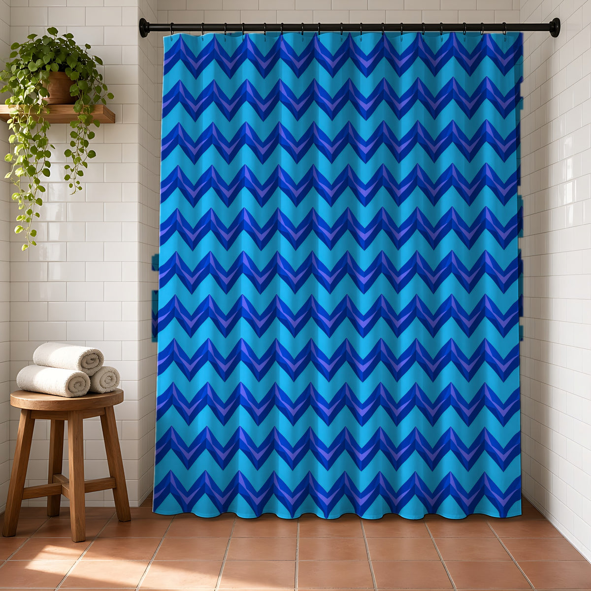 Broad Cut-Gem Chevrons Shower Curtain in a bright bathroom with white tiles and a terracotta floor