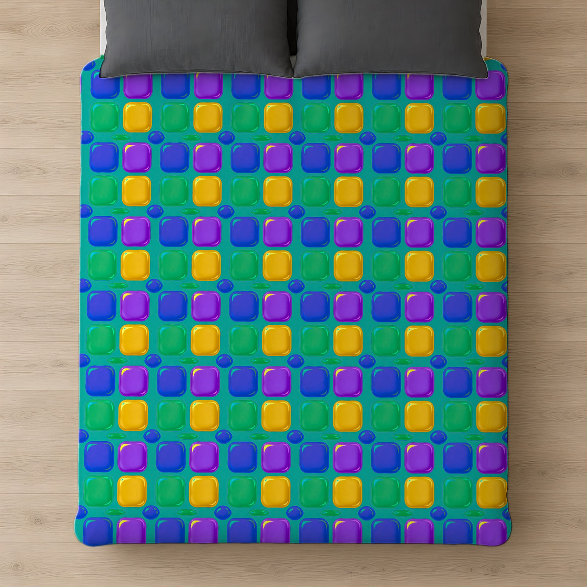 Giant Puffy Glass Cushions Cotton Duvet Cover on a bed, seen from above