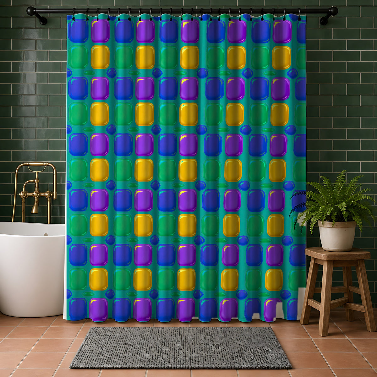 Giant Puffy Glass Cushions Shower Curtain in a bathroom with dark green tiles