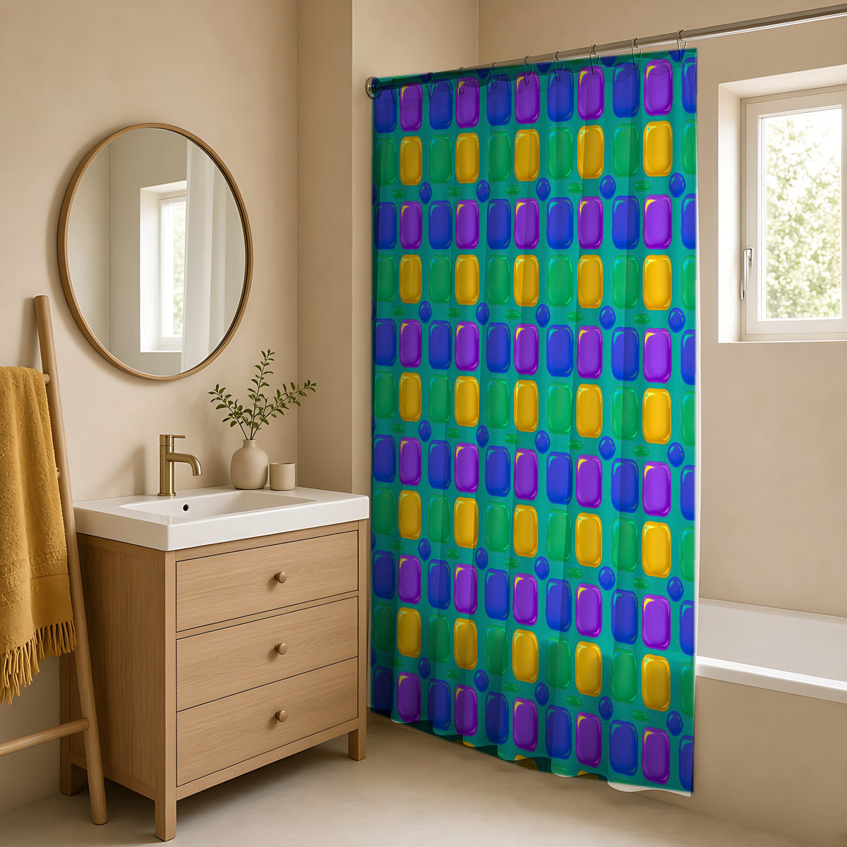 Giant Puffy Glass Cushions Shower Curtain in a warm neutral bathroom with an oak vanity