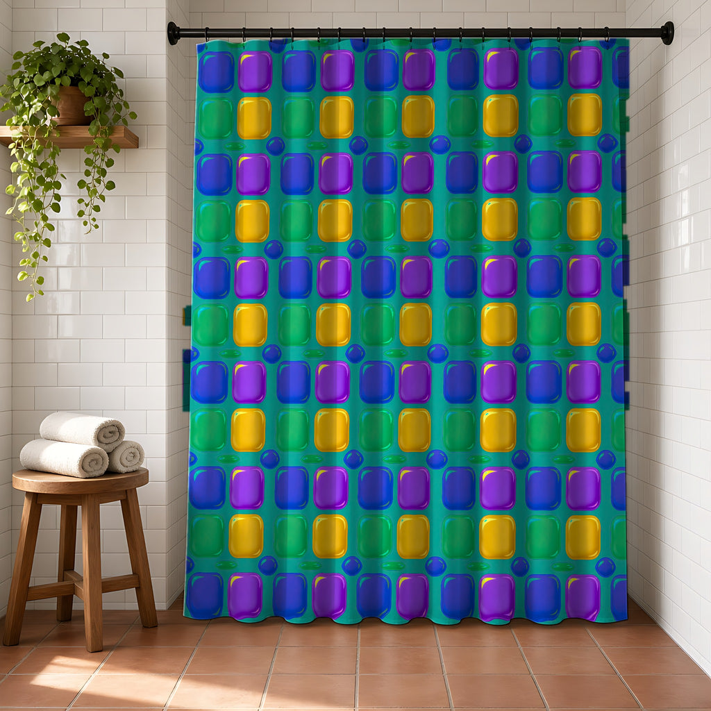 Giant Puffy Glass Cushions Shower Curtain in a bright bathroom with white tiles and a terracotta floor