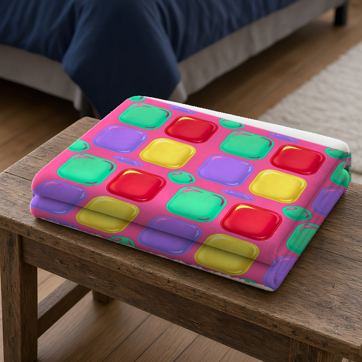 Giant Puffy Glass Cushions Sherpa Fleece Blanket folded on a wooden bench