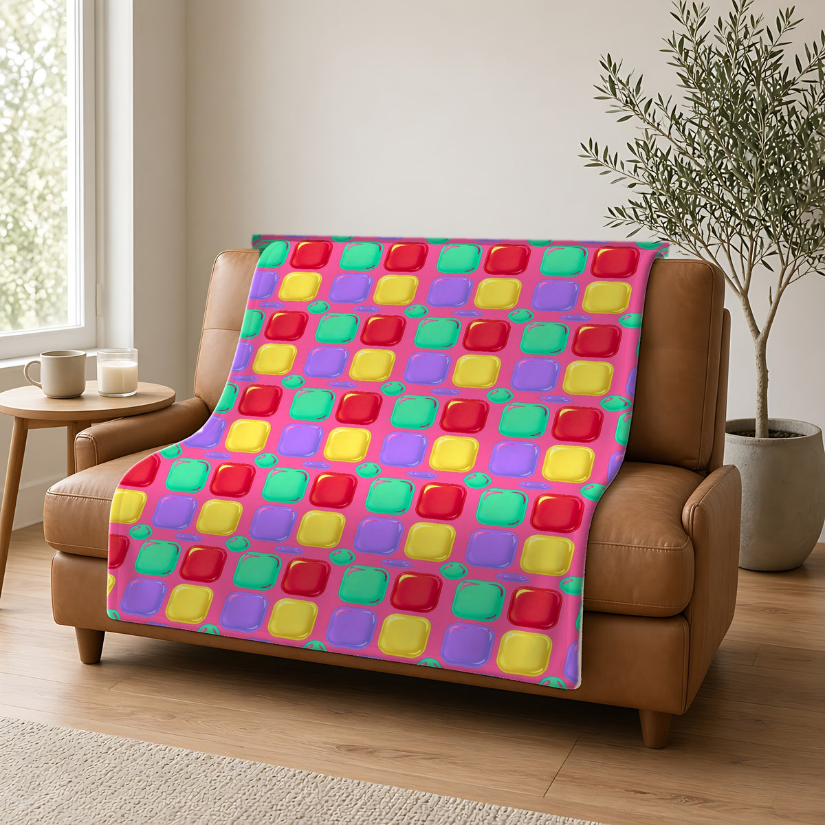 Giant Puffy Glass Cushions Sherpa Fleece Blanket draped over a caramel leather sofa