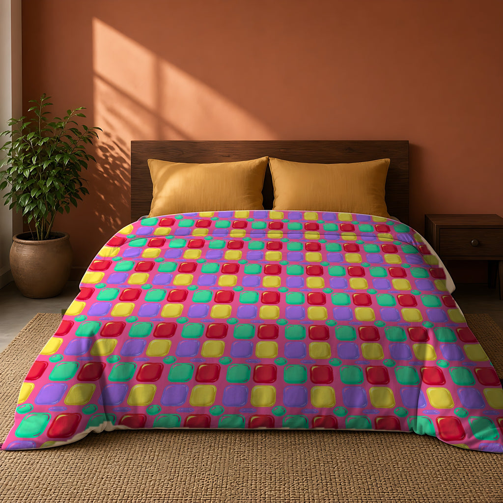 Giant Puffy Glass Cushions Comforter on a king bed against a warm terracotta wall