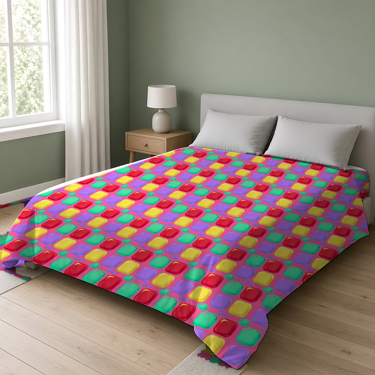 Giant Puffy Glass Cushions Comforter on a double bed in a bright sage-green bedroom