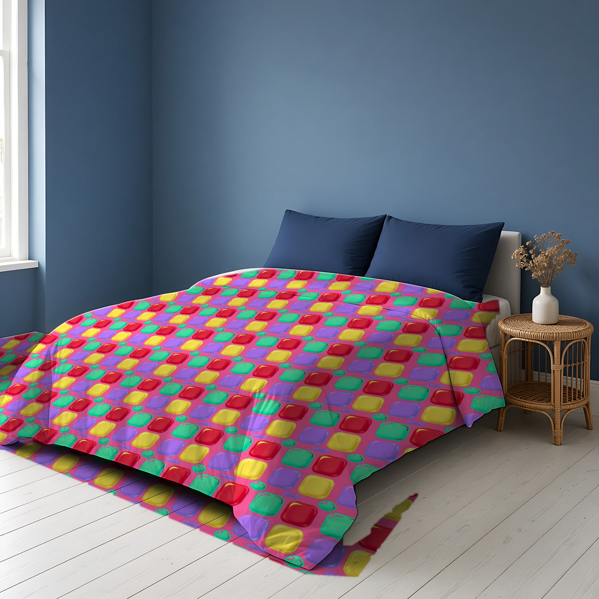 Giant Puffy Glass Cushions Cotton Duvet Cover on a bed in a Scandinavian blue bedroom