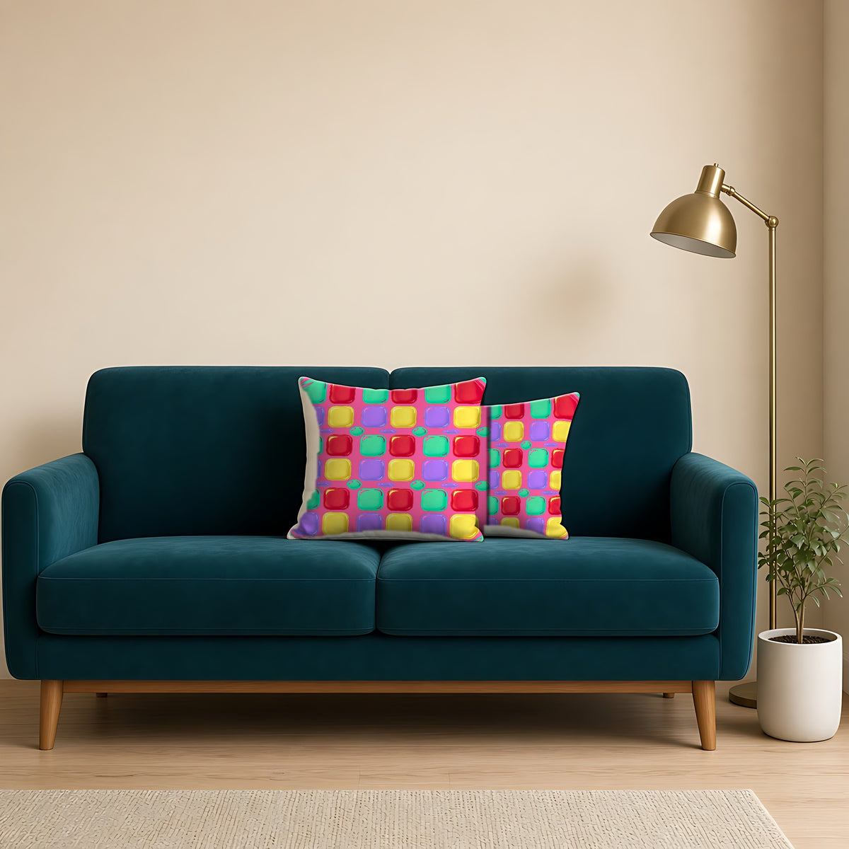 Giant Puffy Glass Cushions Faux Suede Cushion on a teal velvet sofa