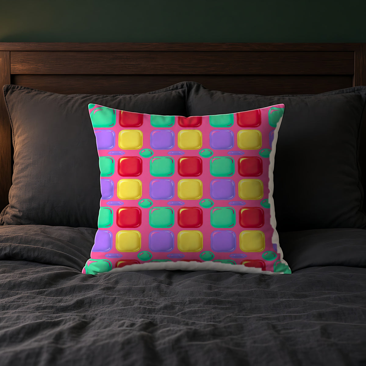 Giant Puffy Glass Cushions Faux Suede Cushion on a bed with charcoal bedding