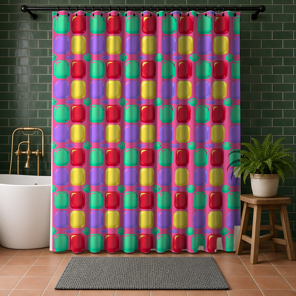 Giant Puffy Glass Cushions Shower Curtain in a bathroom with dark green tiles